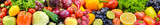Panorama bright vegetables and fruits. Food background.