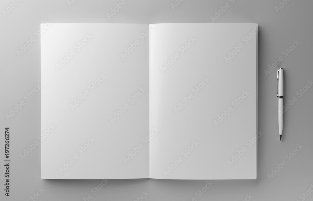 Blank photorealistic brochure with pen mockup on light grey background, 3d Illustration. Blank photorealistic brochure with pen mockup on light grey background, 3d Illustration.