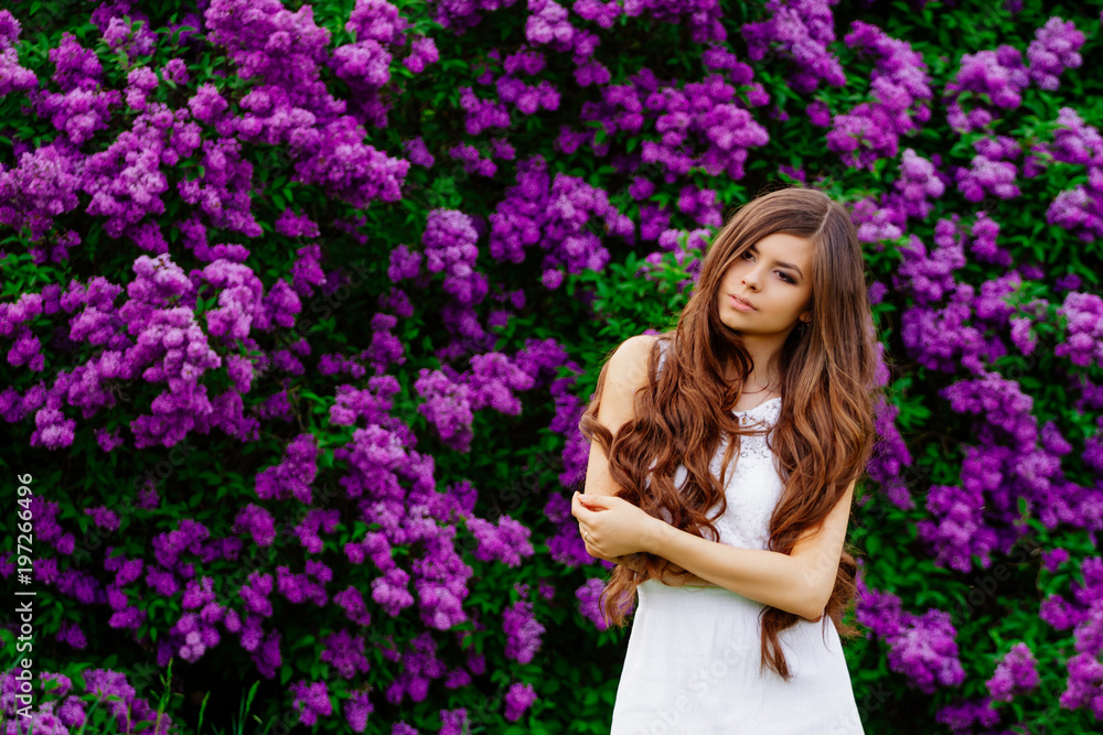 Happy beautiful young woman with long hair in a blooming spring Park, the charming girl in a white dress with bright flowering trees, the girl on the background of flowering gardens Happy beautiful young woman with long hair in a blooming spring Park, the charming girl in a white dress with bright flowering trees, the girl on the background of flowering gardens