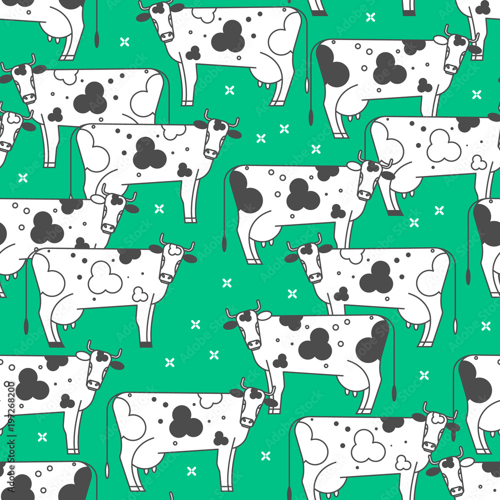 Seamless pattern with cows. Black and white animals on a green background. Linear vector illustration.