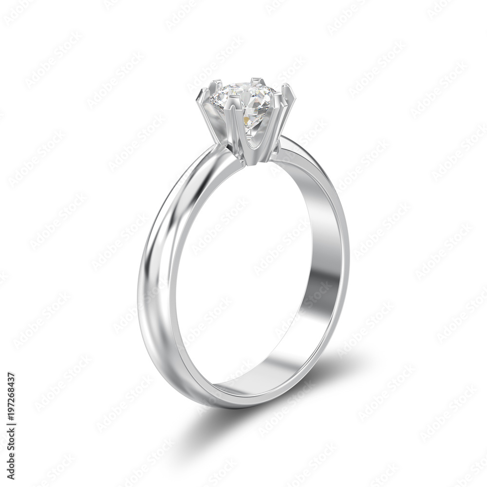 3D illustration isolated white gold or silver traditional solitaire engagement diamond ring with shadow 3D illustration isolated white gold or silver traditional solitaire engagement diamond ring with shadow