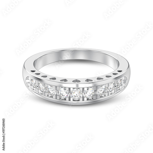 3D illustration isolated white gold or silver decorative diamond ring with hearts ornament with shadow