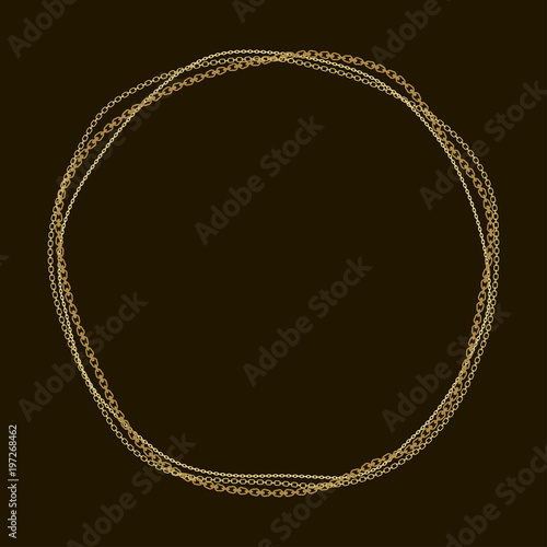 Round frame with different golden chains on a black background. Vector.