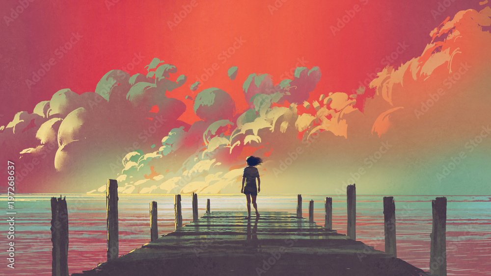 Naklejka premium piękna sceneria kobiety stojącej samotnie na drewnianym molo, patrząc na kolorowe chmury na niebie, cyfrowy styl sztuki, malarstwo ilustracja