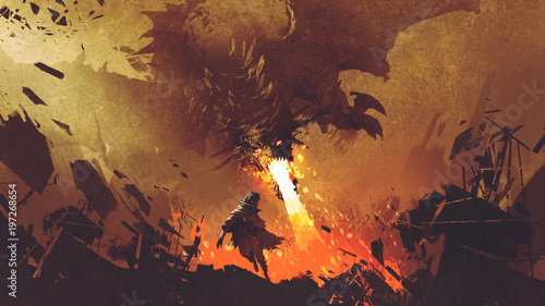 Fototapeta scena fantasy przedstawiająca młodego chłopca uciekającego od smoka ognia, cyfrowego stylu sztuki, malowania ilustracji