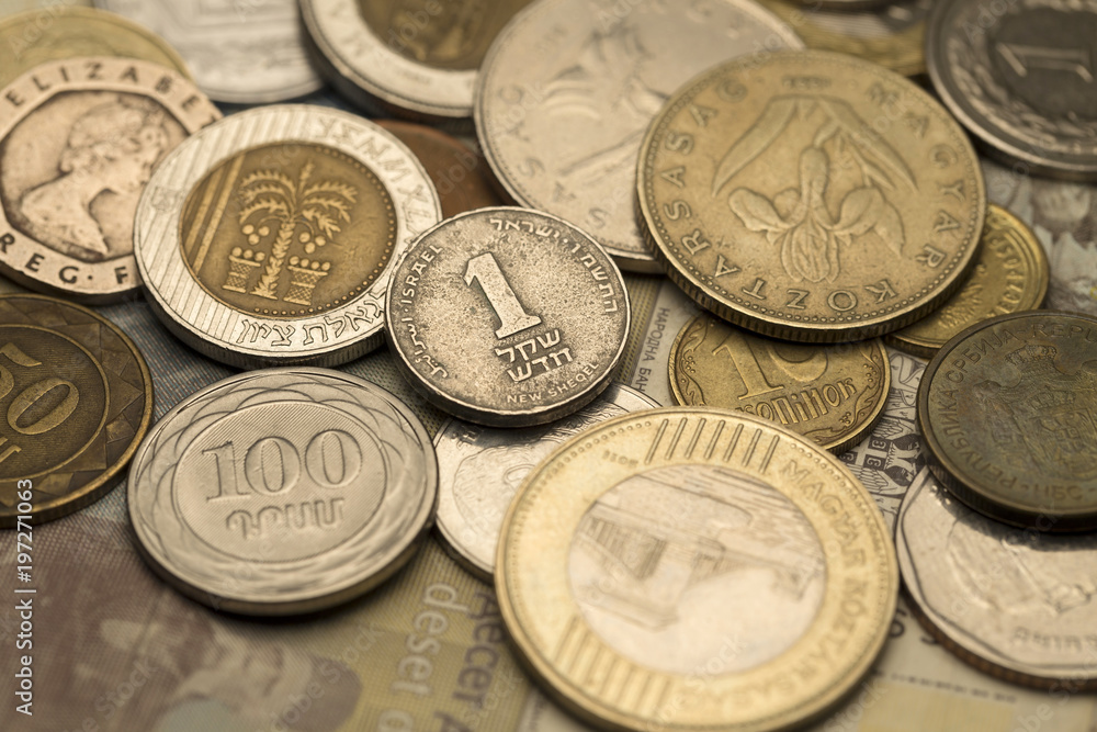 Different kinds Coins from the all World in the Detail Different kinds Coins from the all World in the Detail