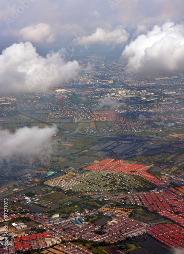 Aerial Morning View of Bangkok Suburbs, Thailand.
