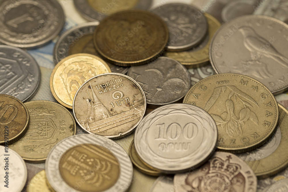 Different kinds Coins from the all World in the Detail Different kinds Coins from the all World in the Detail