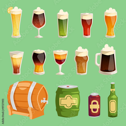 Beer cartoon vector mug cups and glass bottles beerhouse brewery beermug or beerbottle and dark ale in bar on beery party with alcohol barrel beered up in pub illustration set isolated on background photo