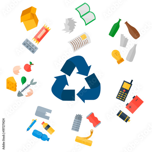 Different recycling garbage waste types sorting processing, treatment remaking trash utilize icons vector illustration.