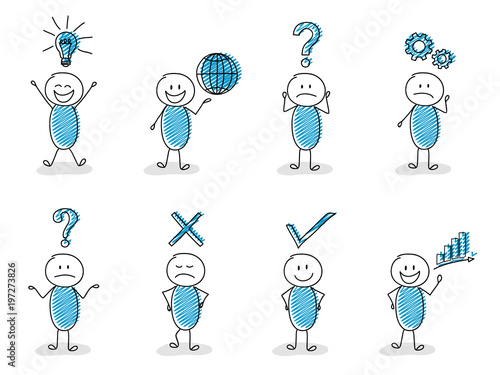 Concept of business and finance icons with funny stickman - set. Vector.