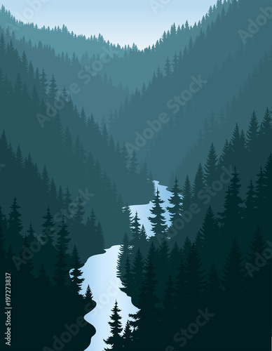 vector evening in beautiful mountains forest with river