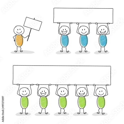 Stickmen holding a banner with copyspace. Vector.