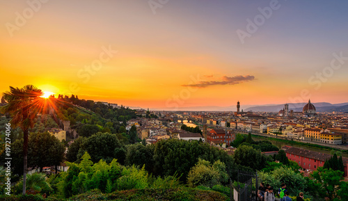 Sunset view of Florence  Ponte Vecchio  Palazzo Vecchio and Florence Duomo  Italy