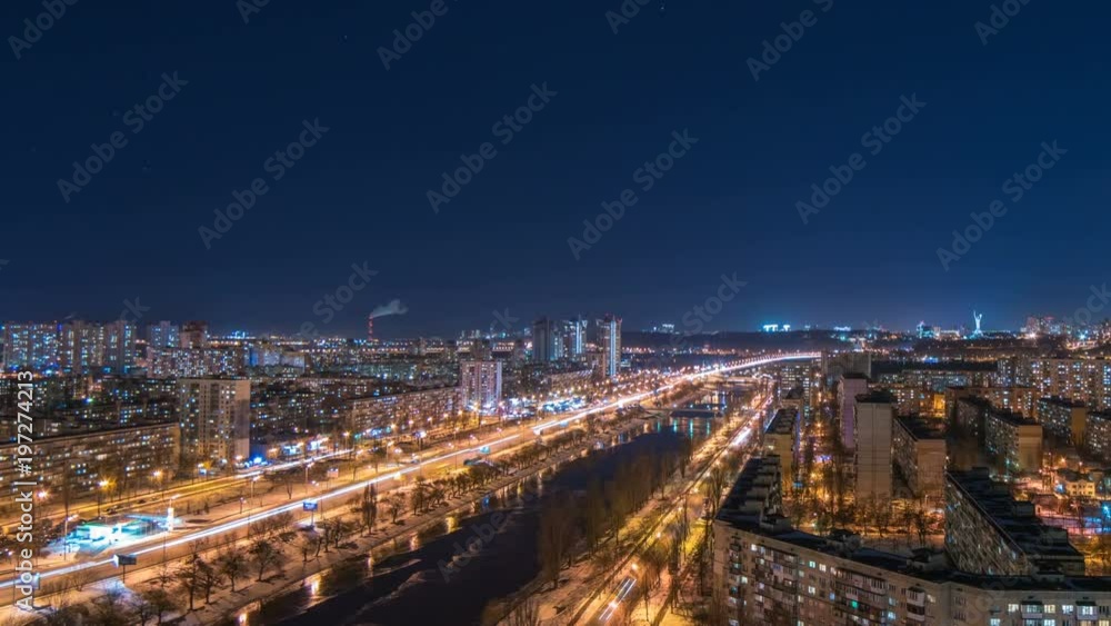The beautiful night cityscape with a river. time lapse The beautiful night cityscape with a river. time lapse