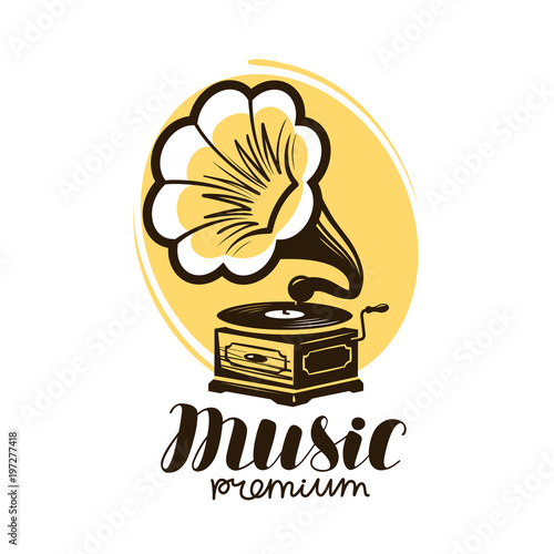 Music logo or label. Retro gramophone, phonograph symbol. Vector illustration