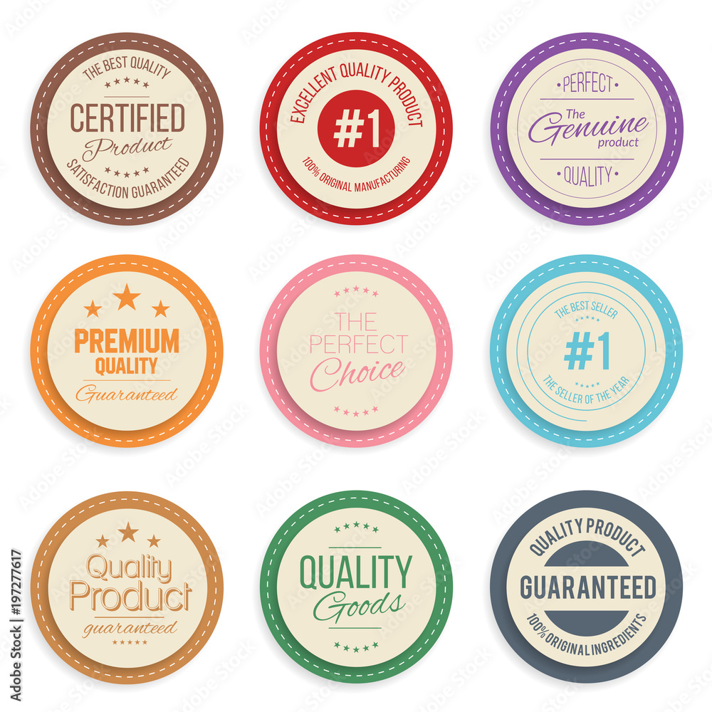 Obraz premium Warranty label set. Colorful modern quality marks badges isolated on white background