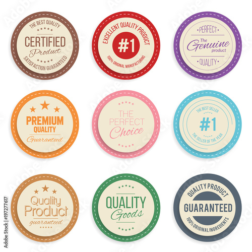Warranty label set. Colorful modern quality marks badges isolated on white background