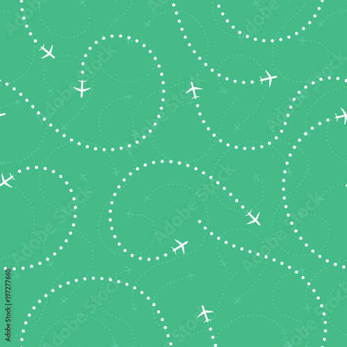 Travel concept seamless pattern. Abstract airplane routes. Travel and tourism seamless background with dotted airplane routes