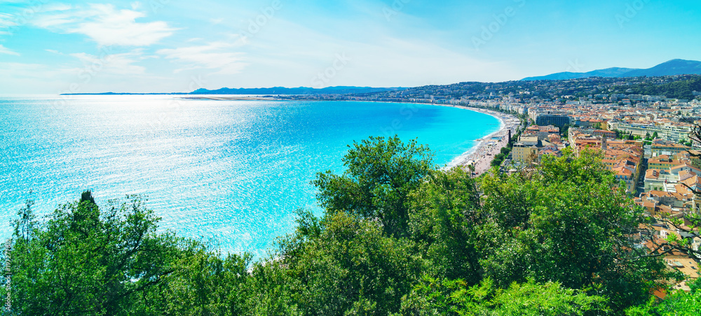 Front panoramic view of the Mediterranean sea, bay of Angels, Nice, France.  Horizontal long wallpaper. Top view panorama, copy space background. Stock  Photo | Adobe Stock