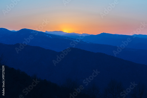 Beautiful evening sunset at Caucasian mountains with snow peaks, Arkhyz, Russia