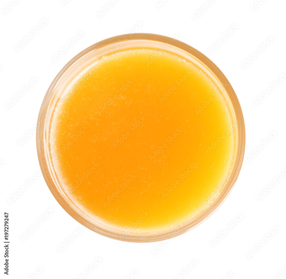 Glass of orange juice isolated on white, top view Glass of orange juice isolated on white, top view