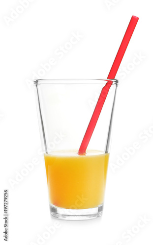 Half full glass of orange juice on white background