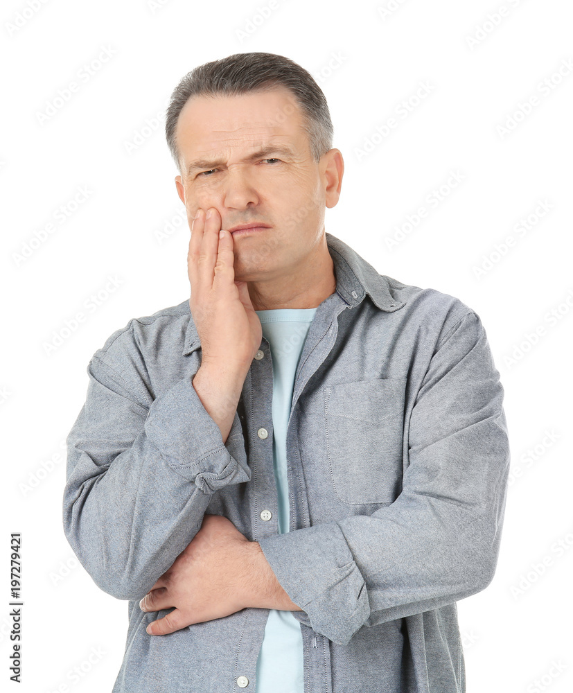 Man suffering from toothache on white background Man suffering from toothache on white background