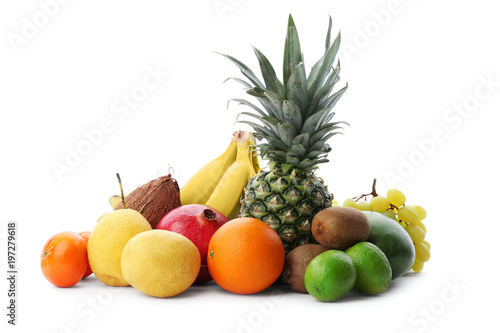 Set of fresh tropical fruits on white background