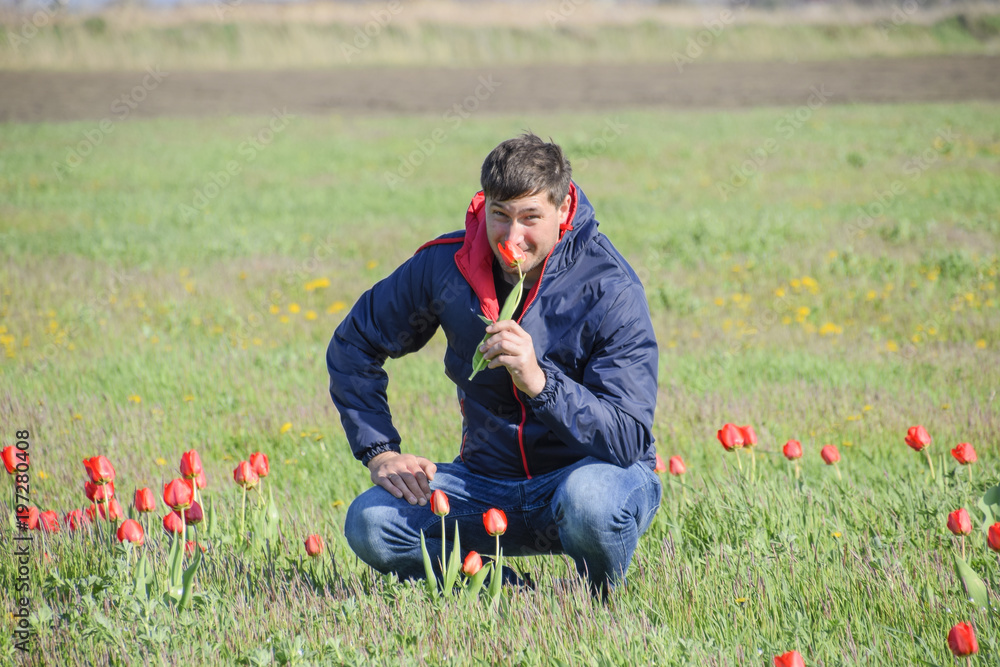 Fototapeta premium A man in a jacket on a field of tulips. Glade with tulips