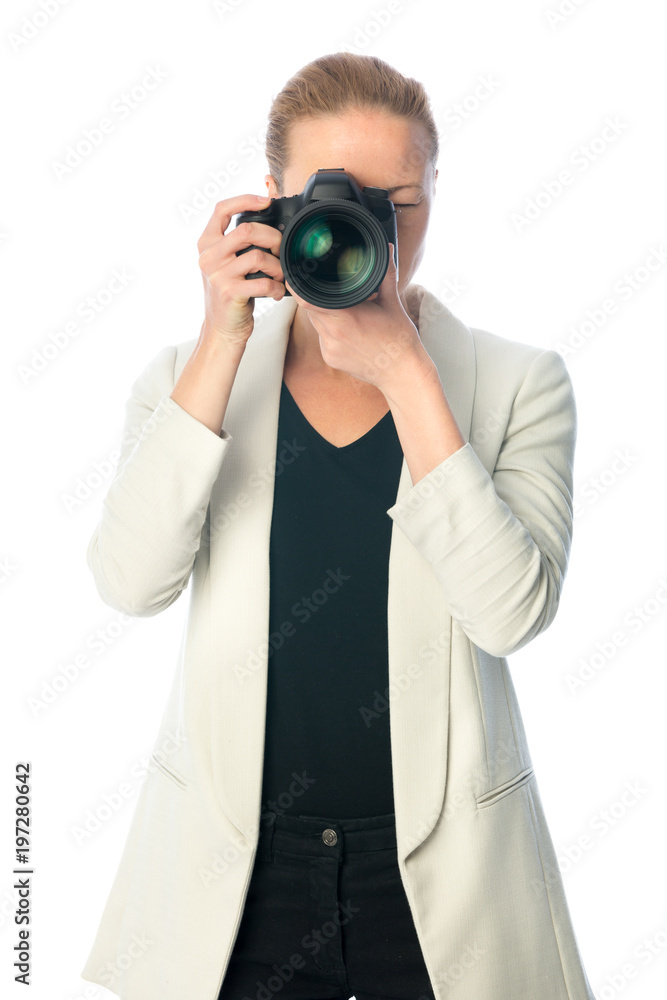 Woman photographer taking images with dslr camera isolated on white background. Woman photographer taking images with dslr camera isolated on white background.