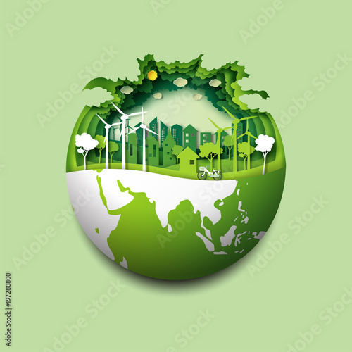 Green earth of eco friendly city and urban forest landscape abstract background.Renewable energy for ecology and environment conservation concept paper art design.Vector illustration.