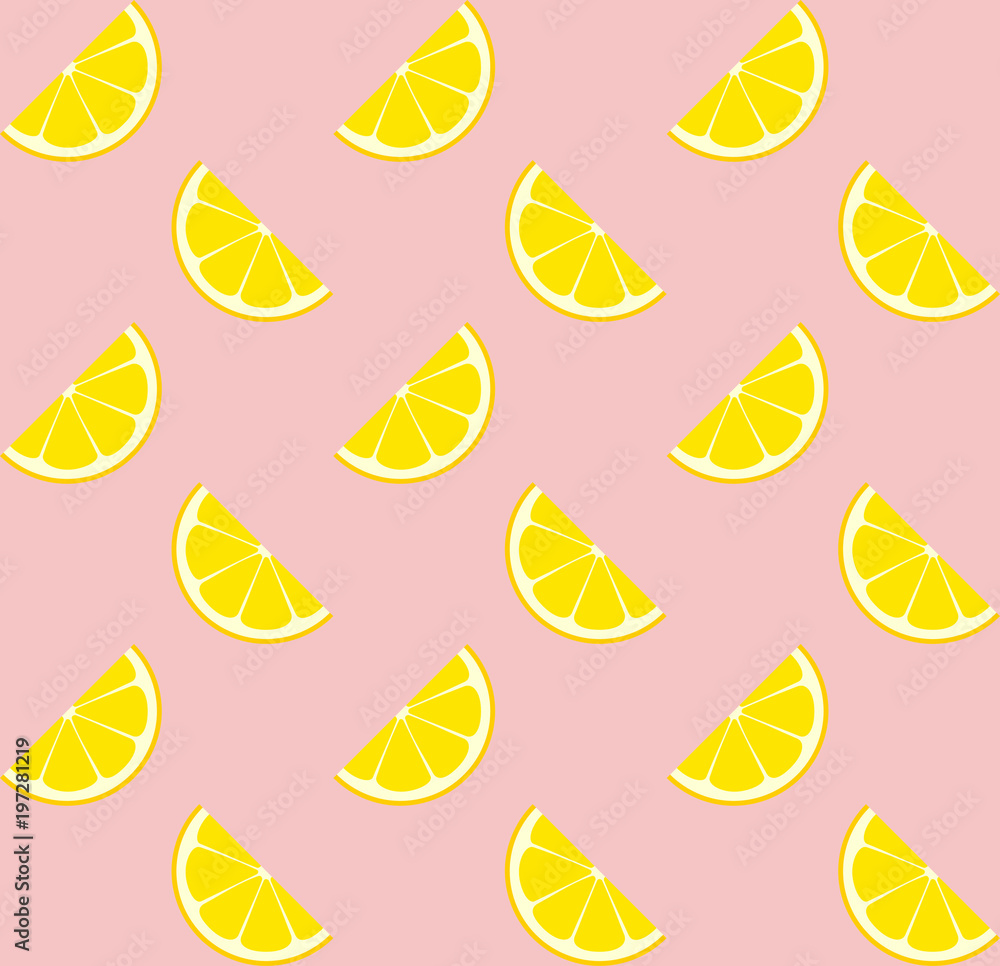 Pink Lemonade Seamless Vector Pattern Tile. Yellow Lemon Half Slices Arranged on Pink Background. Lemonade Stand Picnic Party Decoration. Food Packaging Design. Swatch Included.