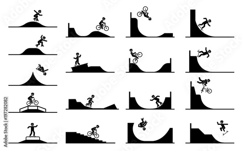 Illustration in form of pictograms which represent doing acrobatics  with roller skates, bicycle and skateboard. Tricks and stunts. Riding on a ramp. Enjoyment in extreme adrenaline sport.