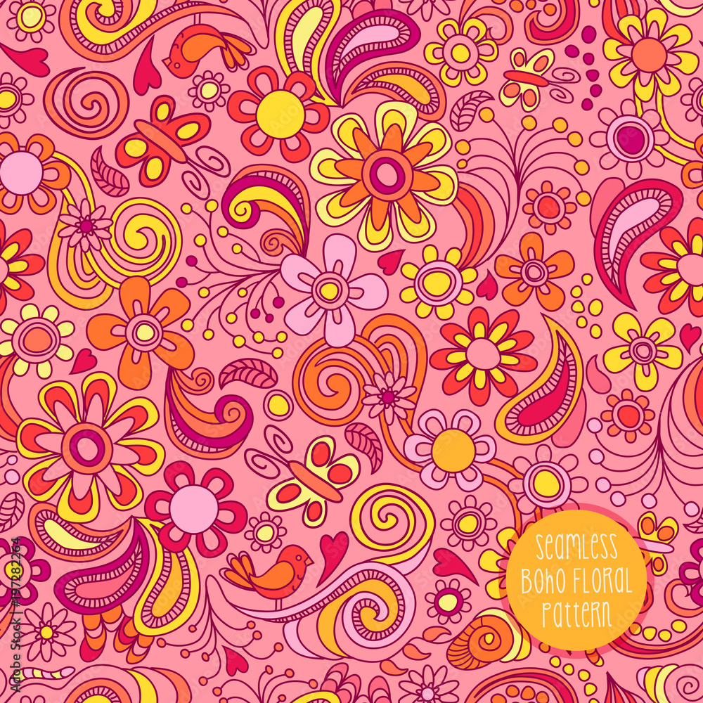 Fototapeta premium Seamless Boho floral pattern. Vector illustration for backgrounds, papers, fabrics and decor.