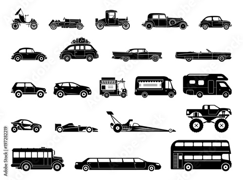 Old car and other vehicle models, classic, oldtimer, extravagant, special purposes vehicles. Collection of signs presenting different modes of transport on land. Transportation icons.