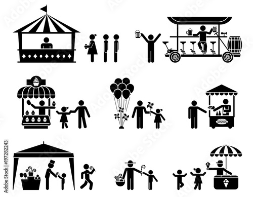 Fairs, street sellers and stands presented as pictograms. Collection of of various kiosks for use in public places.