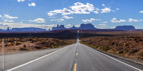 Panorama of Monument Valley with U.S. highway 163, Utah, USA