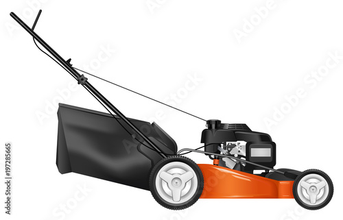 Lawn mower  isolated on white background. Mowed grass. Gardening grass-cutter. Vector illustration.