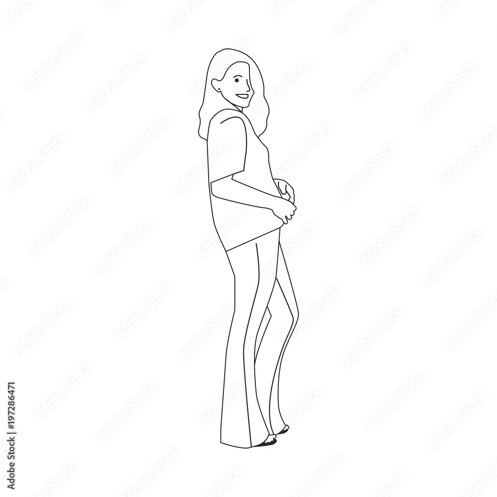 Illustrated young woman standing alone Illustrated young woman standing alone