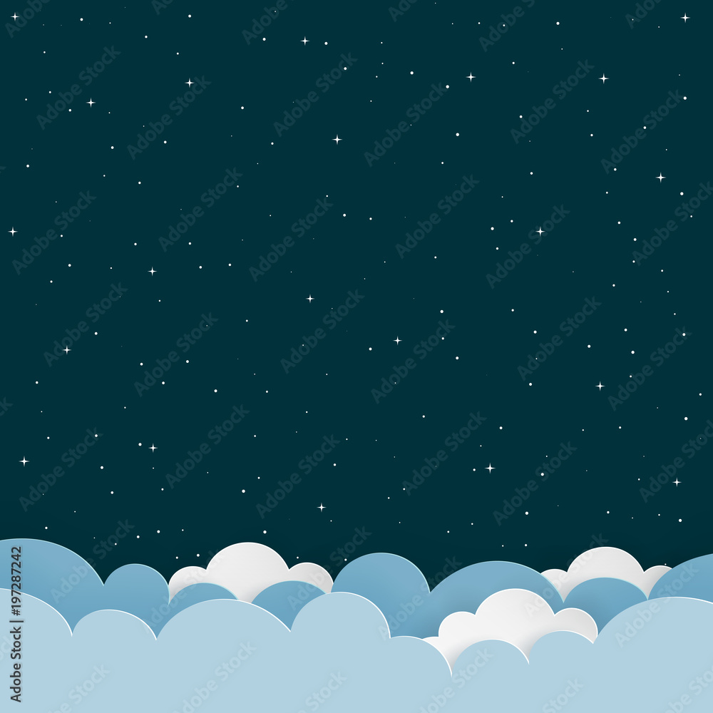 Dark night sky background with paper clouds and stars. Blank space background with copy-space. Children room, baby nursery wallpaper, print cover, scrapbook. Vector Illustration.