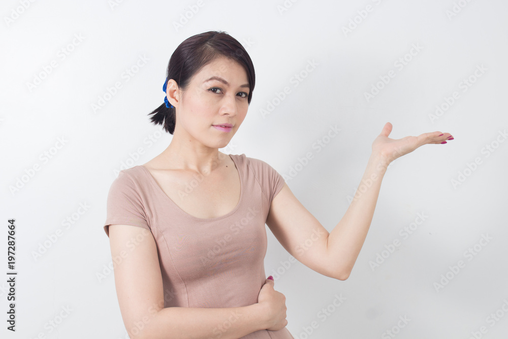 Asian business woman with open hand for showing something isolated on white background. Asian business woman with open hand for showing something isolated on white background.