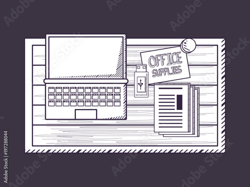Office supplies design with Laptop computer and document pages over black background, sketch design vector illustration