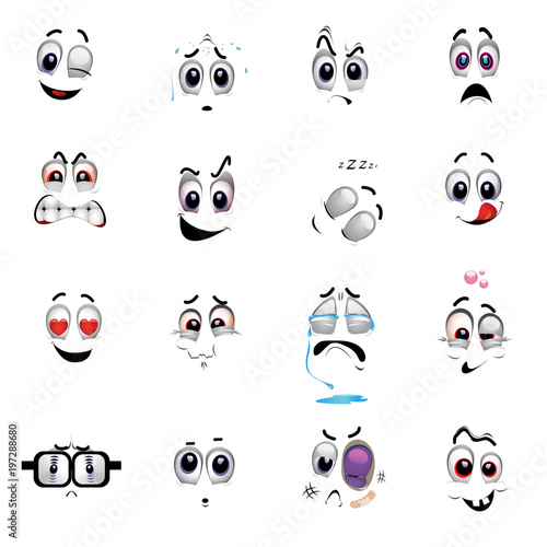 Fototapeta Naklejka Na Ścianę i Meble -  Set of various face emoji icons. Emoticons for web sites. Vector illustration of cartoon faces expressions. Collection of cute lovely emoticon emoji cartoon face.