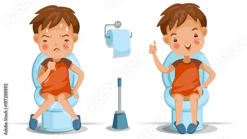 Children toilet seat boy is sitting on the toilet. Conversely, emotions and gestures. Constipation, normal digestive system, Bad, excellent. Children's Health Concept. Vector 
