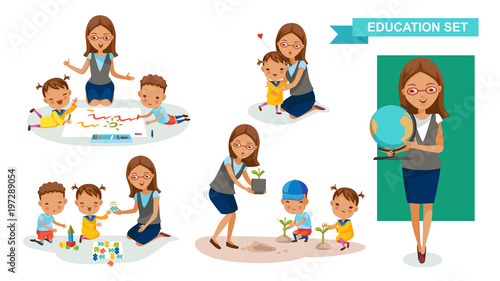 Kindergarten teacher Women of Education set. Drawing, jousting and puzzles, tree planting, hugs Student activity concept. cartoon character design. Vector illustrations  isolated on a white background