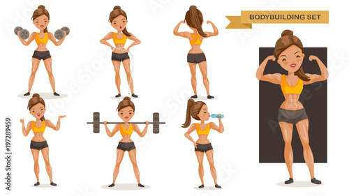 Bodybuilding woman set. many views of exercise. front, side, rear,  body with muscles of beautiful cartoon. cute girl in a fitness suit. Strong lifestyle concept, vector illustrations Isolated 