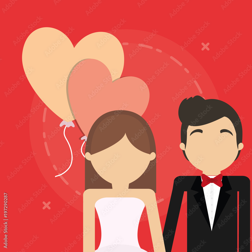 avatar wedding couple and decorative balloons in heart shape over red background, colorful design. vector illustration avatar wedding couple and decorative balloons in heart shape over red background, colorful design. vector illustration