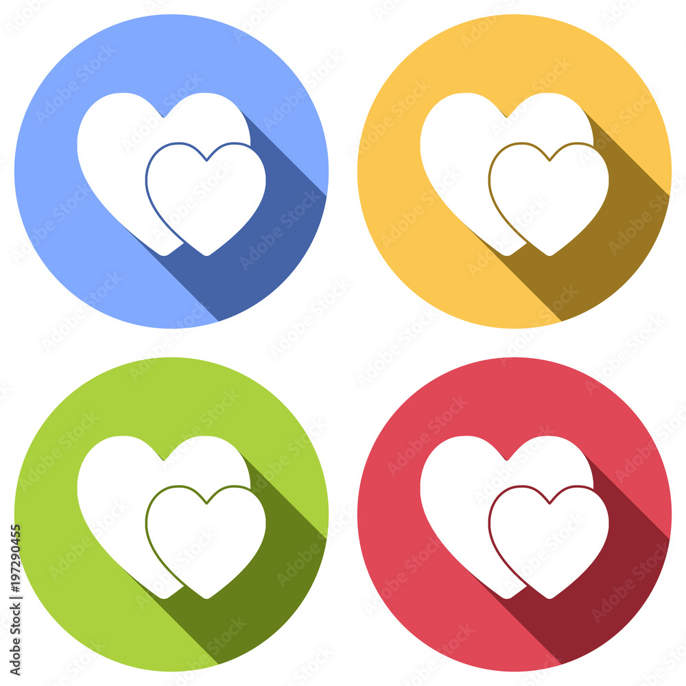 2 hearts. Simple icon. Set of white icons with long shadow on blue, orange, green and red colored circles. Sticker style