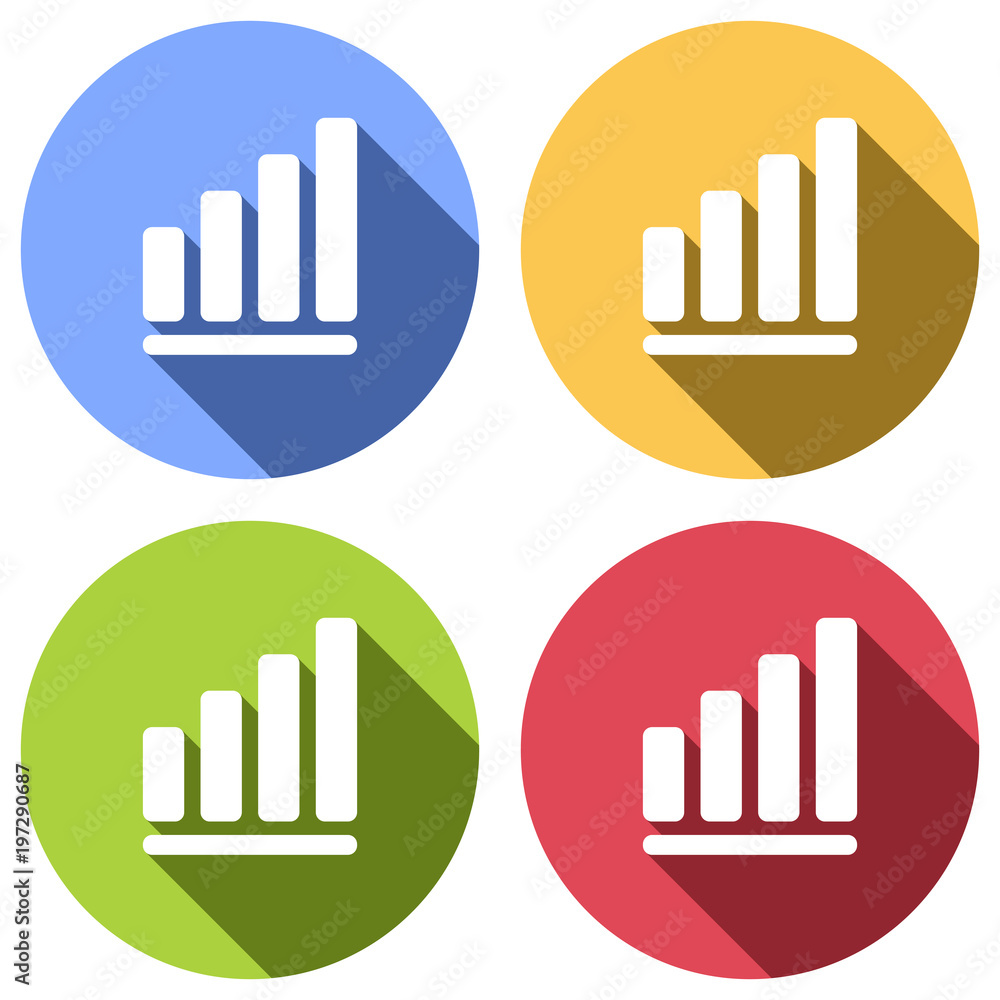 Growing graph line icon. Set of white icons with long shadow on blue, orange, green and red colored circles. Sticker style Growing graph line icon. Set of white icons with long shadow on blue, orange, green and red colored circles. Sticker style